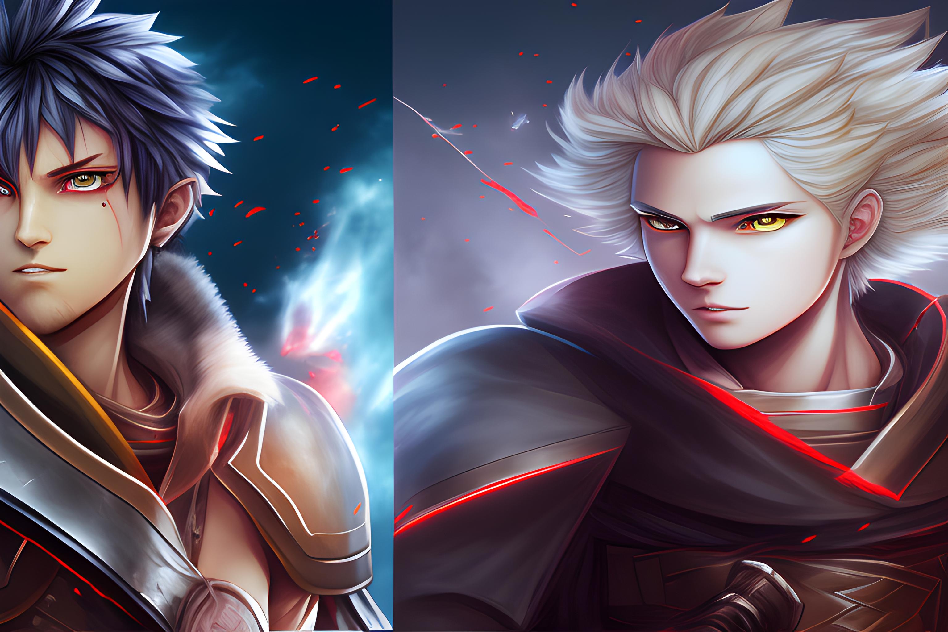 Subject: Two battle-worn anime warriors (blonde scarred brute, black-haired red-armored swordsman) …